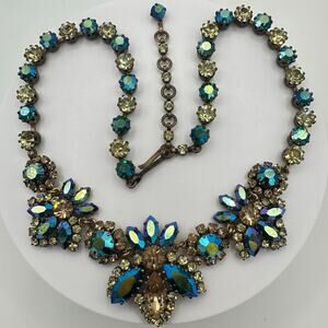 Unsigned Schoffel vintage gold tone emerald green AB yellow rhinestones necklace